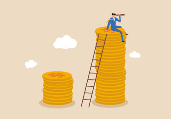 Financial growing, investment growth, interest rate rising up or economic forecast prediction, businessman up on money stack using telescope looking to the future