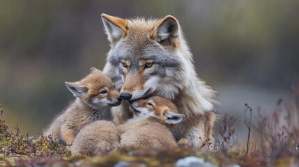 A mother wolf nuzzles her two pups in a loving embrace, with a blurred background of a forest.