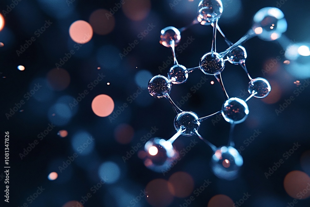 Poster glass molecule structure rotating on dark background with bokeh effect represents scientific researc