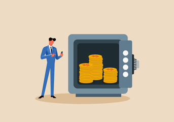 Financial assets, cash and gold for investment retirement plan concept, businessman investor standing with security safe with full of cash, golden coins inside