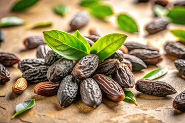 Obraz premium Tonka Beans and Green Leaves on a Light Beige Background for Modern Healthy Cooking and Baking, Long Exposure Photography