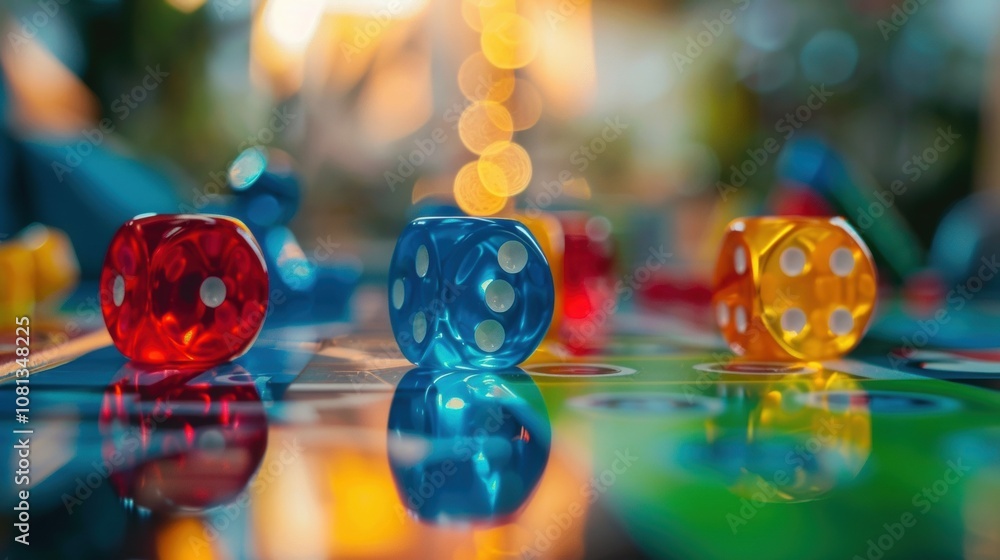 Poster a defocused glimpse of colorful game pieces and dice tered across a table.