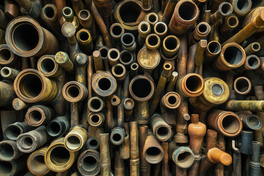 Intriguing worn brass tubes form a captivating, textured abstract pattern with depth