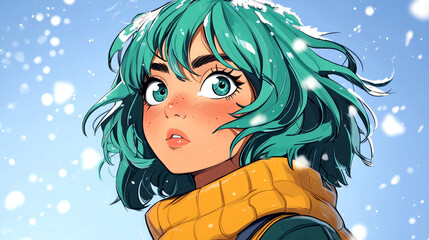 Anime girl with green hair and yellow scarf in the snow.