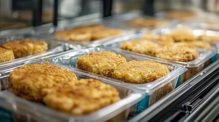 Frozen breaded chicken patties, lined up in a plastic container, grocery product display 