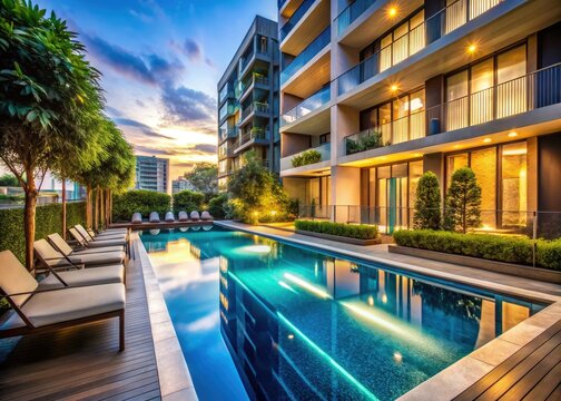 Stunning High Angle View of a Luxurious Swimming Pool in a Modern Condo with Long Exposure Effects, Showcasing Sparkling Water and Elegant Surroundings for Real Estate and Travel Photography