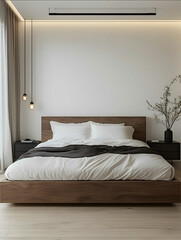 Minimalist style bedroom large empty space wooden highend bed with white bedding black bedside tables on both sides of the bed black art chandelier hanging from the cei