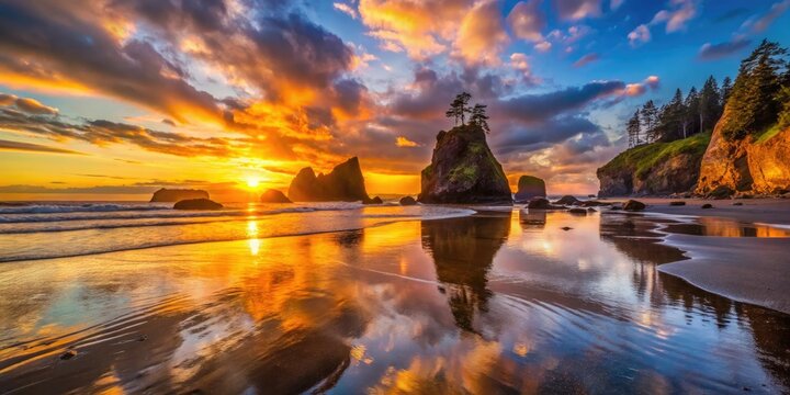 Stunning Sunset Over Rock Formation at Ruby Beach - Low Light Photography, Coastal Landscape, Nature, Scenic View, Ocean, Waves, Sky, Clouds, Natural Beauty, Peaceful, Tranquil, Reflection, Shoreline.