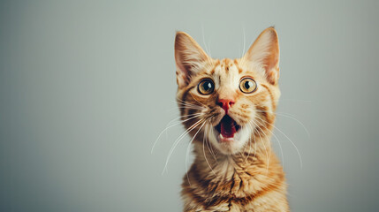 background for christmas sale banner with copy space, portrait of surprised ginger cat close-up on gray background with space for text, banner for black friday with copy space