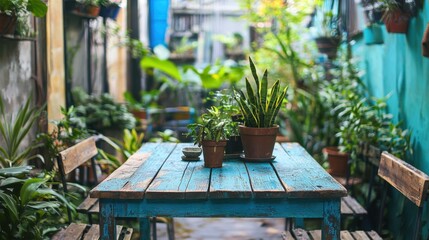 Tranquil Garden Space with Greenery and Rustic Table