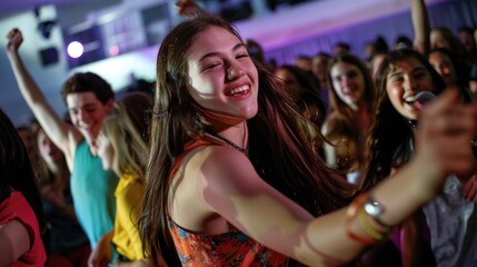 A DJ plays upbeat music as students dance and sing along their arms linked in friendship.