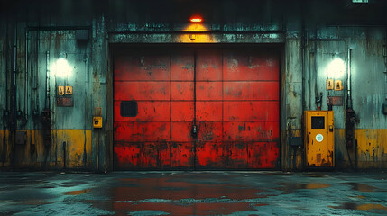 Industrial Garage Door with Rusty Red Finish - 3D Illustration