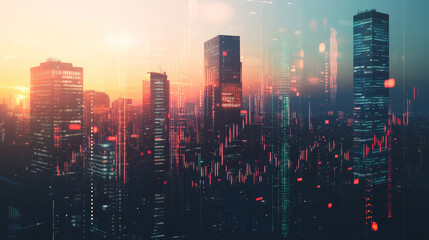 Digital candlestick charts and trading indicators overlay sunny skyscrapers, symbolizing growth and market trends in a vibrant financial setting. Double exposure effect. Forex trade market.