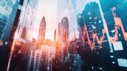 Digital candlestick charts and trading indicators overlay sunny skyscrapers, symbolizing growth and market trends in a vibrant financial setting. Double exposure effect. Forex trade market.