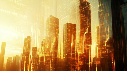Digital candlestick charts and trading indicators overlay sunny skyscrapers, symbolizing growth and market trends in a vibrant financial setting. Double exposure effect. Forex trade market.