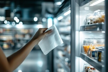 Hand Holding Paper Towel Near Refrigerator Shelves Filled with Various Food Containers and Products in Modern Grocery Store Setting