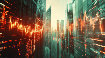 Digital candlestick charts and trading indicators overlay sunny skyscrapers, symbolizing growth and market trends in a vibrant financial setting. Double exposure effect. Forex trade market.