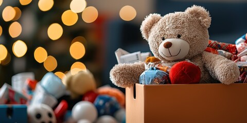 Joyful holiday donation drive community center toy collection festive environment close-up view generosity and giving spirit
