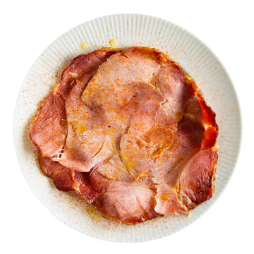 Delicious galician style lacon pork meat served on plate. Isolated over white background