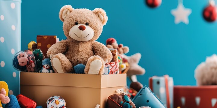 Charitable donation drive featuring overflowing toy box community center photography vibrant environment close-up view generosity concept