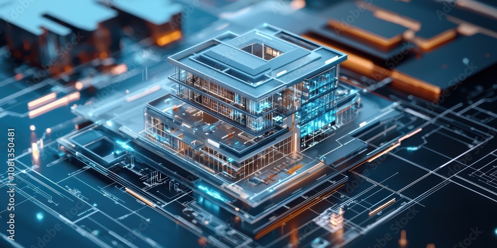 Poster dynamic architectural visualization of a modern building model digital environment futuristic design
