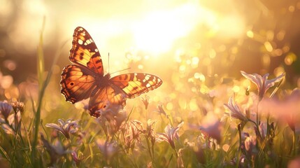 Orange Butterfly in Blooming Field at Golden Sunset