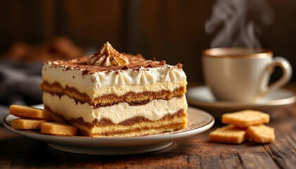 A luscious slice of tiramisu close up. Tasty dessert