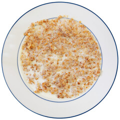 Appetizing milk oatmeal porridge served on plate for breakfast. Isolated over white background