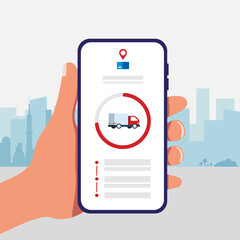 Delivery application, tracking package, hand with a smartphone app tracking a parcel. Eps vector file