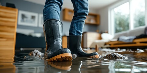 Flooded house rescue man in rubber boots navigates waterlogged home indoor environment realistic perspective resilience concept