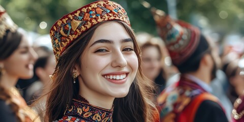 Celebration of armenian culture young woman in traditional attire smiling joyfully at cultural festival outdoors portrait view embracing heritage