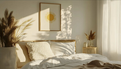 A white wall with posters and framed art a bedroom mockup white linen bed sheets a yellow sun poster a beige tree poster a minimalist style natural tones boho decor mor