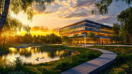 Modern building by a serene lake at sunset.