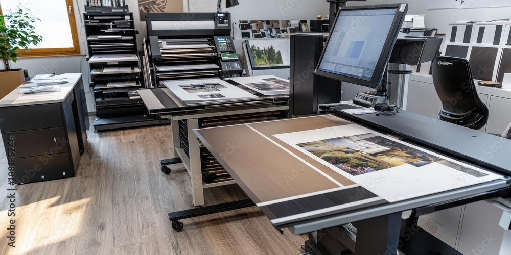 Poster operational closeup of a press printing machine in a modern print shop environment