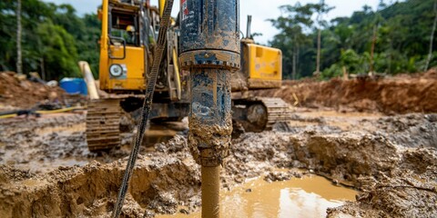 Construction of artesian wells for clean water drilling rural location machinery action natural environment ground level view sustainable development focus