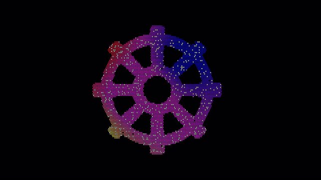 Icon dharmachakra is made up of LED square shapes that shimmer and flicker. There are black dead diodes. In-Out looped. Alpha BW at the end