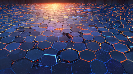 Floating hexagonal grids creating a neon-tiled landscape. Anime Background