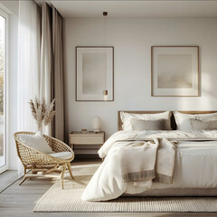 Design a luxurious master bedroom with a Scandinavian aesthetic focusing on highend interiors premium finishes and aesthetic decoration The space should blend minimalis