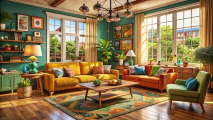 Charming sitcom living room featuring cozy interiors and a panoramic view, ideal for nostalgic family gatherings and warm home scenarios that evoke fond memories.