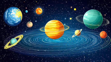 Cartoon solar system with planets and stars.