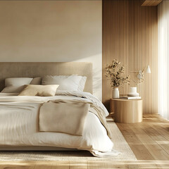 a photorealistic rendering interior design of a master bedroom This interior is modern minimal and sophisticated the color palette is neutral and cozy Furniture is from