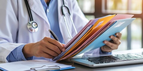 Healthcare worker organizing patient files into color-coded folders medical office action shot indoor setting close-up view efficient documentation