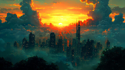 Cityscape at sunset with clouds.