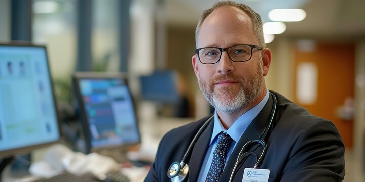 Healthcare executive conducting performance evaluations in medical facility professional environment close-up view leadership strategy