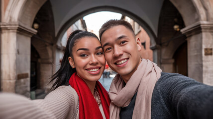 A happy multicultural couple, a woman of Hispanic descent and a man of Asian descent, take a joyful selfie under a beautiful archway in the city.