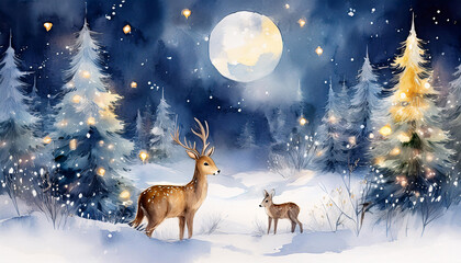 Obraz premium A watercolor painting of a deer and fawn in a snowy winter forest lit by the moon and fairy lights. Generative AI