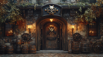 Fototapeta premium pirate, hideout, bar, entrance, exterior, cool, suspicious, atmosphere, friends, gathering, meal, Restaurant, Illustration, Art, Cartoon, Watercolor, Night, Street, City, Lights, Architecture, door, 