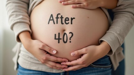 Pregnant Woman Gently Holding Her Husband’s Hand on Her Belly With a Heartfelt Inscription at Home. Generative AI