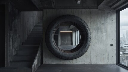 Modern Industrial Interior with Unique Tire Feature