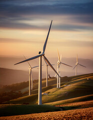 Obraz premium Wind turbines stand tall on a hilltop at sunrise, harnessing the power of the wind. Generative AI.